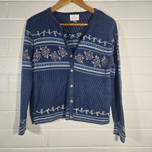 Vtg Y2K Floral Pointelle Knit Embroidered Cardigan Grandmacore Coastal Large